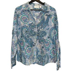 Chicos Size 3 Paisley Leopard Print Button Down Shirt Blue Green Animal Print XL